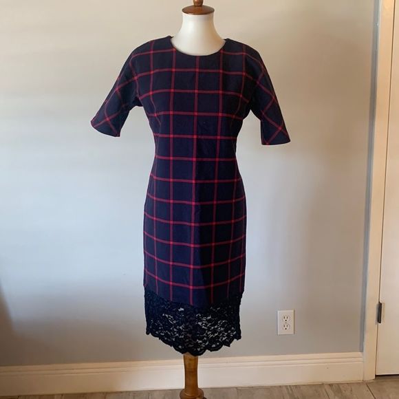 [Michael Kors] Navy/Red Plaid Lace Dress - Size 4 - Picture 1 of 6